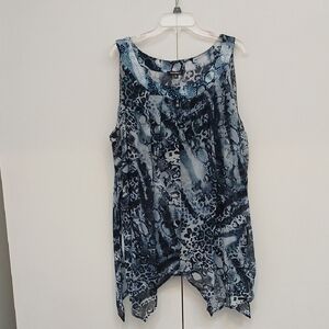 Roz & Ali Blue Mixed-Print Sleeveless Tunic with Embellished Neck